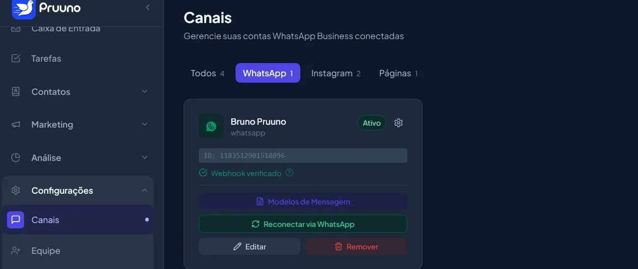 Tela de Canais do Pruuno com uma conta do WhatsApp Business conectada e o webhook verificado.