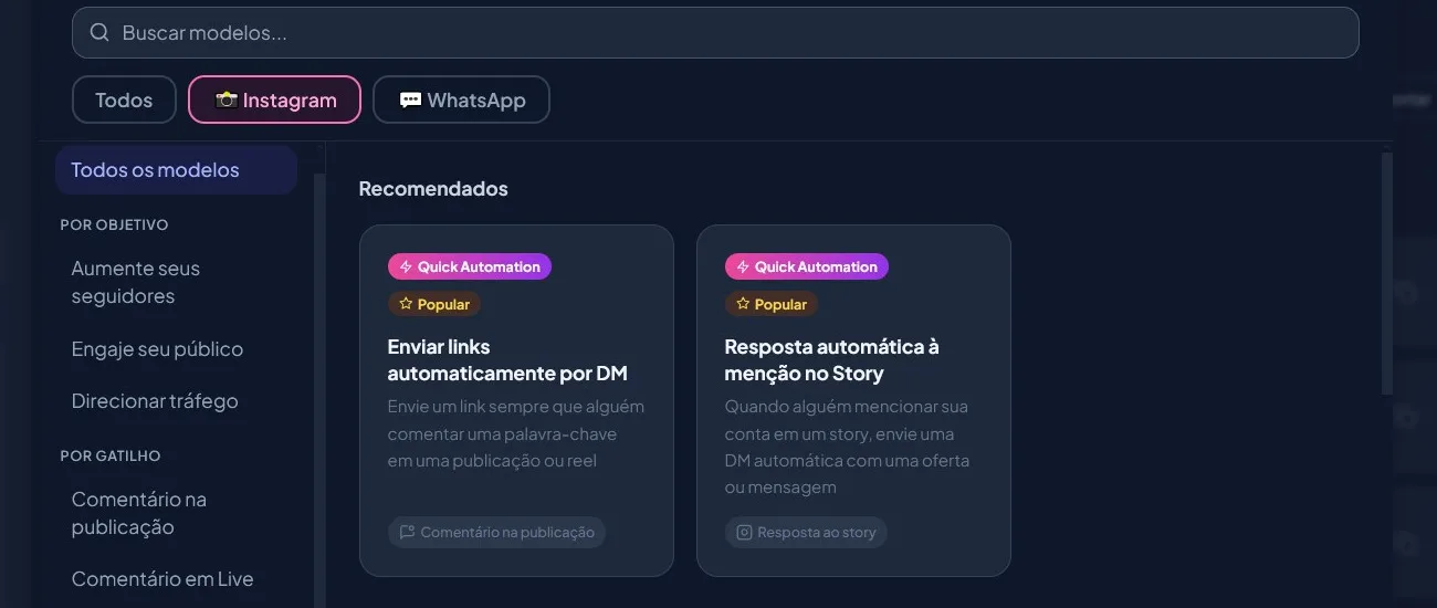 Tela de Instagram do Pruuno com o perfil conectado e as opções de automação.