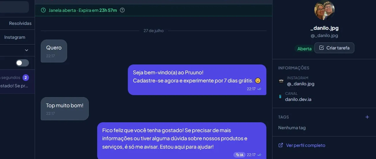 Tela de configuração da inteligência artificial do Pruuno.