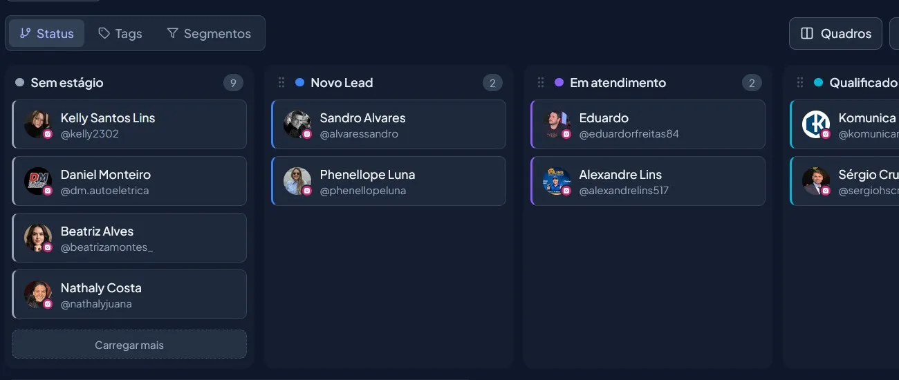 Quadro Kanban de contatos do Pruuno, com os cartões distribuídos pelas etapas do funil.