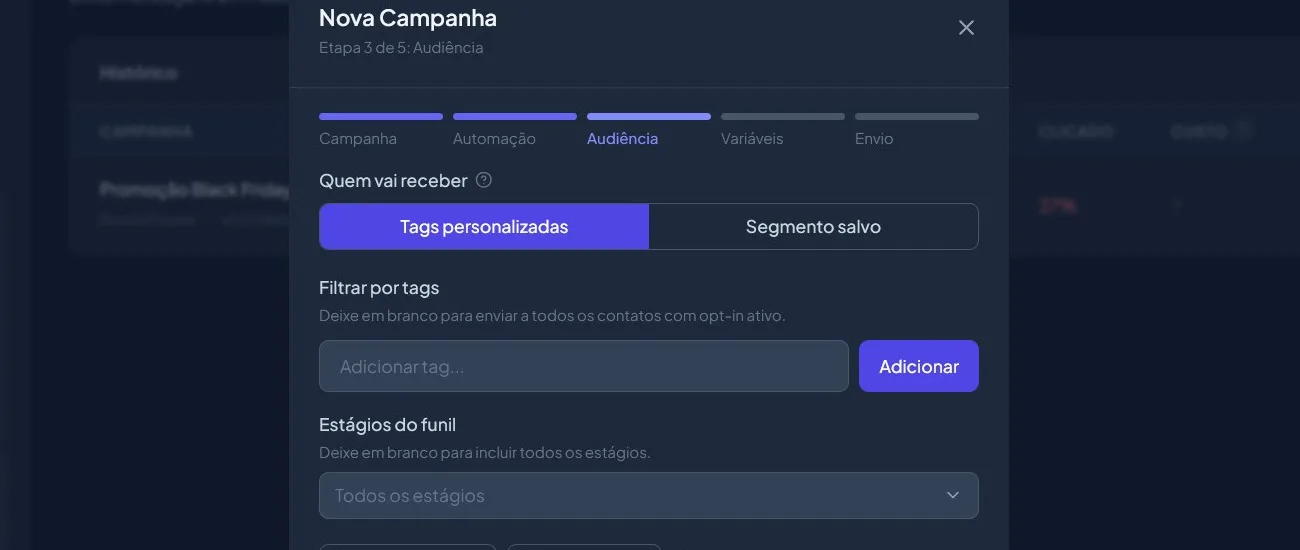 Tela de campanhas do Pruuno com os disparos e o acompanhamento de entrega.