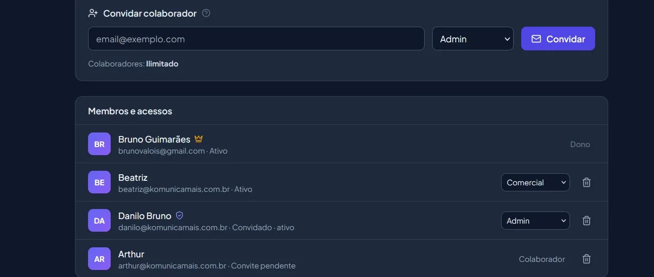 Tela de equipe do Pruuno, com os membros convidados e os seus acessos.